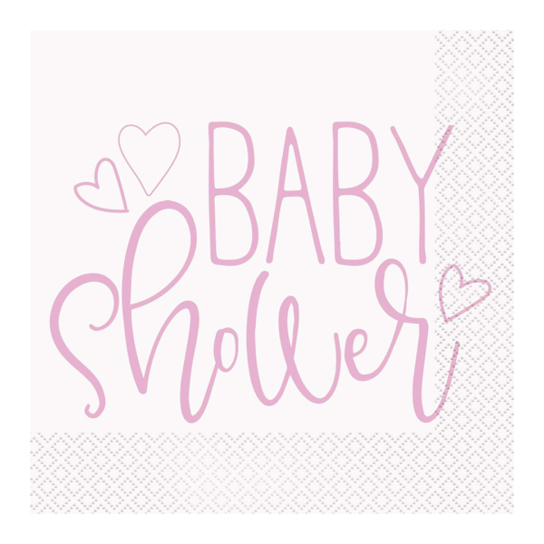 SERVILLETAS BABY SHOWER CON DISEÑO DE CORAZONES ROSADOS