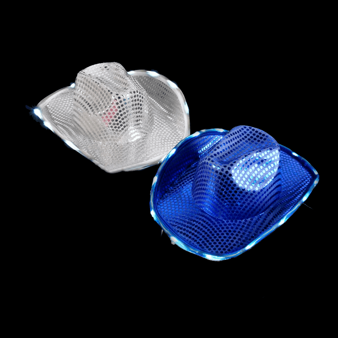 Sombrero de vaquero LED disponible en blanco o azul.