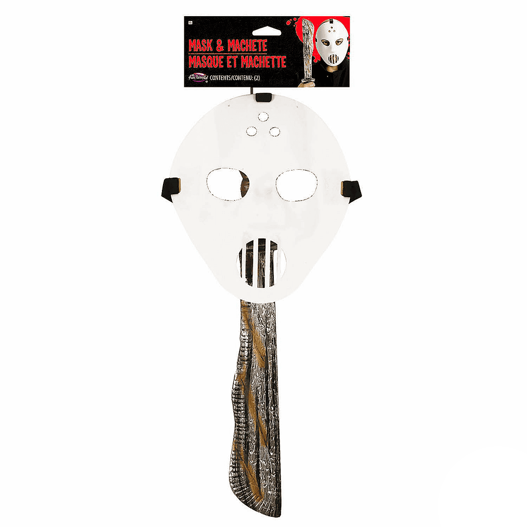 Accesorios de disfraz de máscara de hockey blanca para adultos y machete.