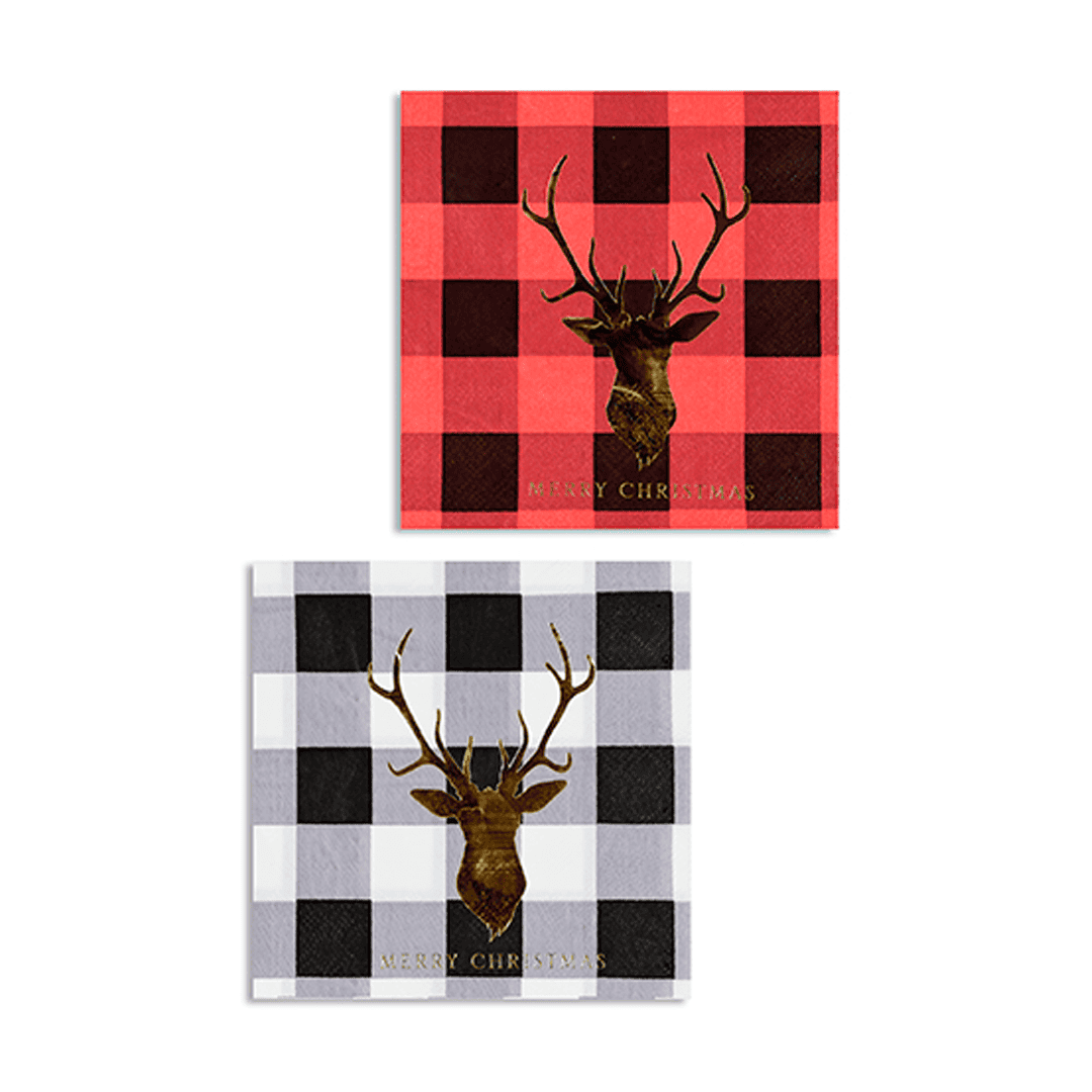 Servilleta de c?ctel de 2 capas con estampado de renos y cuadros escoceses