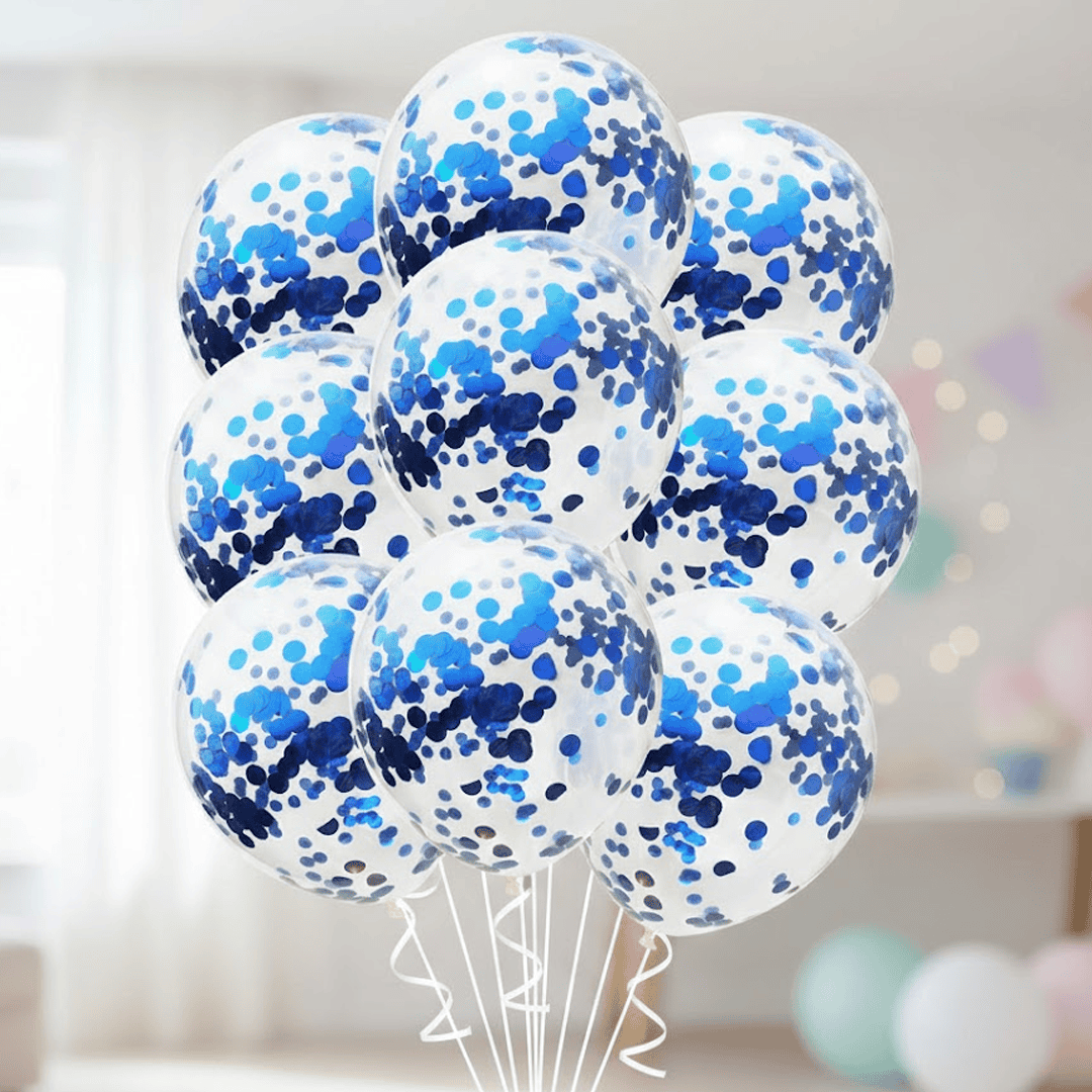 Globo látex transpearente con confetti azul - Imagen 4