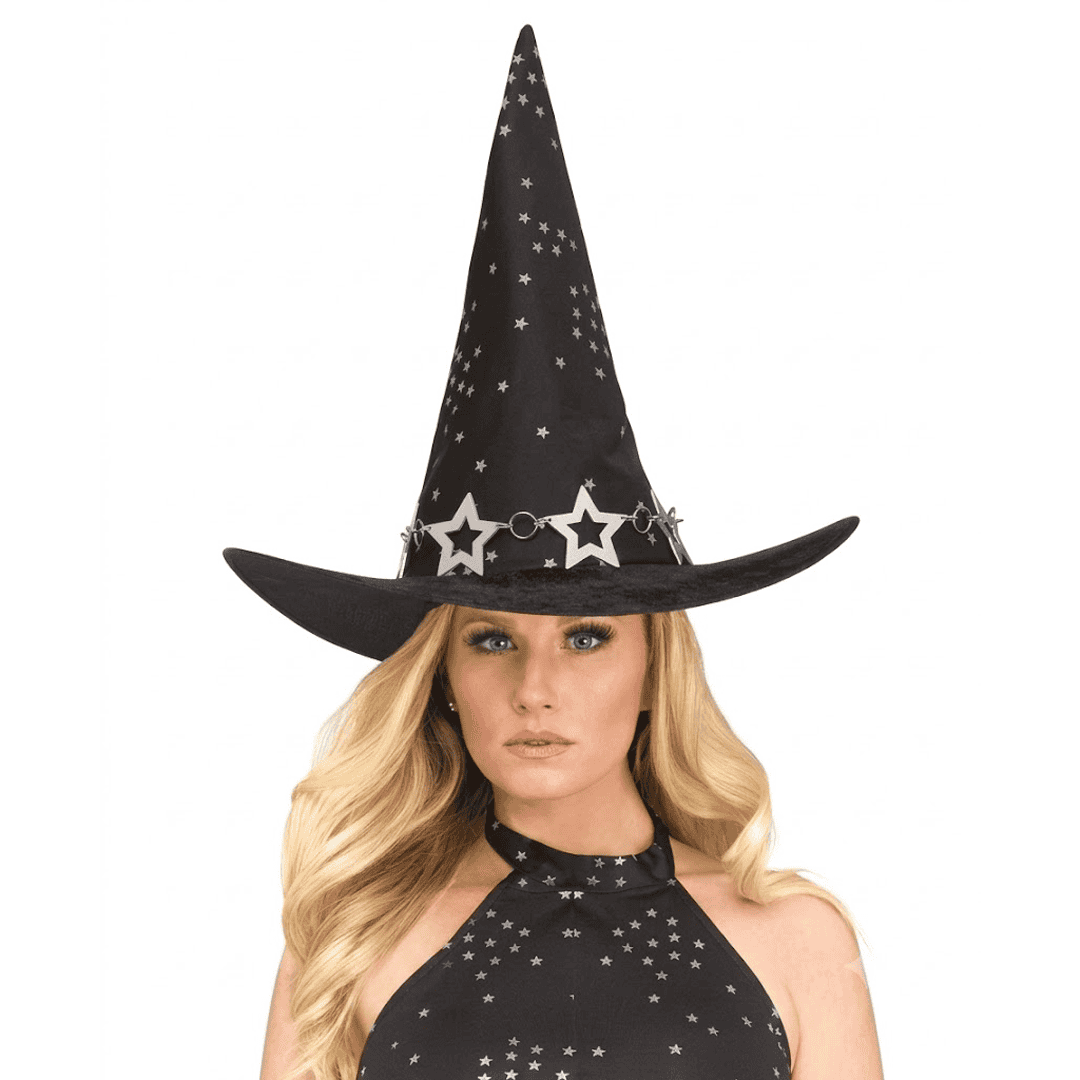 Sombrero de bruja negro con estrellas plateadas