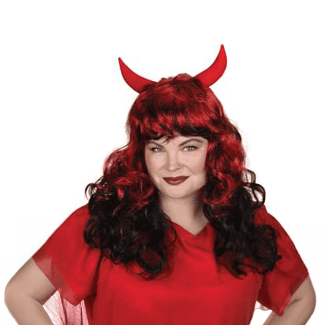 Peluca larga y ondulada de color rojo rubí y negro, con cuernos de diablo para Mujer